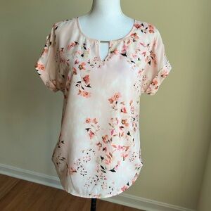 Calvin Klein pink floral unlined blouse with keyhole front womens size Medium
